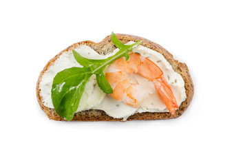 Small sandwich with shrimp and arugula isolated on white