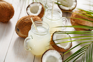 Fresh Coconut Water in a Glass. Healthy food concept. Selective focus.