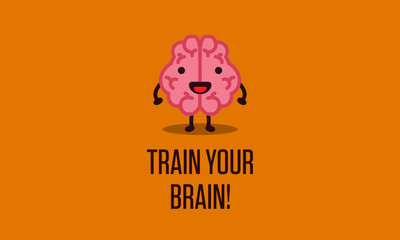 Train your brain Poster Design with Brain Cartoon Vector Illustration 