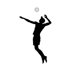 Silhouette of beach volleyball player with ball isolated on white background. Vector illustration of jumping athlete with ball. Sport symbol, logo, icon, 