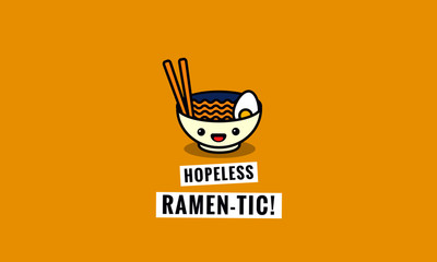 Hopeless Ramentic Ramen Bowl Pun Poster Vector Illustration in Flat Style Line Art