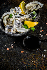 Obraz na płótnie Canvas Fresh raw seafood, oysters with lemon and ice on a light blue background