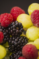 Varied fruit, blackberry, raspberry and grapes