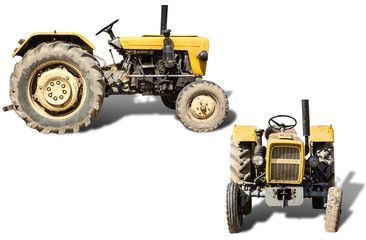 An old tractor produced in the 70s of the 20th century.Two isolated photos.Front and side view of the agricultural machine.Åquipment for a dairy farm.