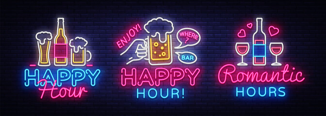 Happy Hour neon sign collection vector. Happy Hour Design template neon sign, Night Dinner, celebration light banner, neon signboard, nightly bright advertising, light inscription. Vector illustration - obrazy, fototapety, plakaty