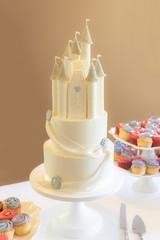 3 tier princess themed wedding cake with edible castle topper. 