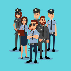 The squad of policemen in work clothes. Vector illustration