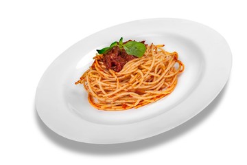 Spaghetti with tomato sauce and basil