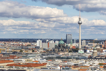 Aerial view of Berlin skyline with famous TV tower and Berliner Dom, Germany