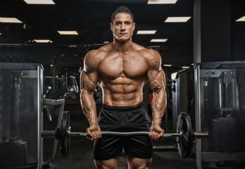 Fototapeta na wymiar A handsome male athlete is a bodybuilder, weightlifter, doing exercises for the development of triceps muscles, exercising on a simulator in a modern gym. 