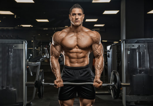 A handsome male athlete is a bodybuilder, weightlifter, doing exercises for the development of triceps muscles, exercising on a simulator in a modern gym. 