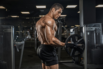 Fototapeta na wymiar A handsome male athlete is a bodybuilder, weightlifter, doing exercises for the development of triceps muscles, exercising on a simulator in a modern gym. 