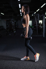 Fototapeta na wymiar Muscular fitness woman posing with dumbbels