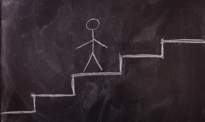 Stick man going up the ladder drawing, isolated, on a blackboard.