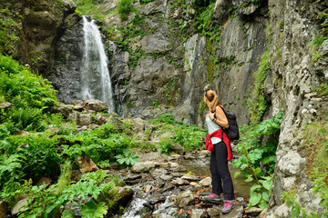 Naklejka na ściany i meble Gveleti Small Waterfalls being in a Dariali Gorge near the Kazbegi city in the mountains of the Caucasus, Geprgia