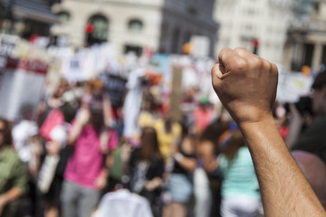 A raised fist of a protestor at a political demonstration - obrazy, fototapety, plakaty