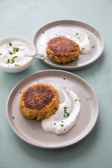 Vegetarischer Haferflocken Hüttenkäse Bratling und Kräuter Quark