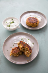 2 Teller mit vegetarischen Haferflocken Hüttenkäse Bratlinge und Kräuter Quark