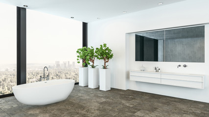 Modern bathroom with three plants and bathtub