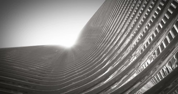 White Metallic Architecture Fassade of Futuristic Skyscraper 3D Rendered Video Animation.