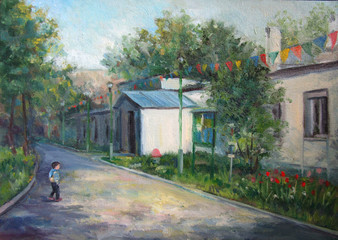 Summer painting with the boy and his kindergarten
