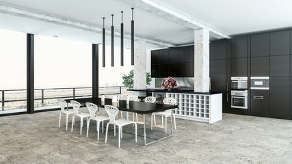 Large kitchen with dining area and appliances