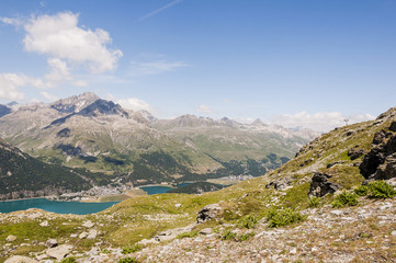 Silvaplana, Corvatsch, Wanderweg, Silvaplanersee, Champfèrsee, Bergsee, Julierpass, Piz Julier, Piz Albana, Piz Nair, Corviglia, Alpen, Oberengadin, Graubünden, Sommer, Schweiz