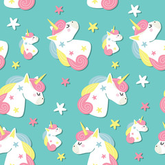 seamless background of vector cheerful drawings for children of unicorn and stars on blue background