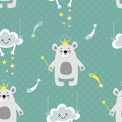 seamless background of vector cheerful figures of bears, clouds and stars