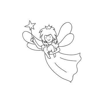 Tooth fairy holding  teeth children coloring page line art isolated on white