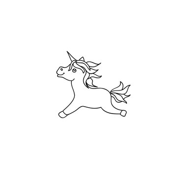 Cute baby unicorn pony kids coloring page line art isolated on white
