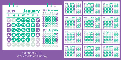 Calendar 2019. Vector English calender. Week starts on Sunday. Ready design template. Planner. Business planning. Trend purple and green colors