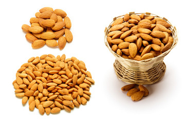 Almonds in cane basket isolated on white background