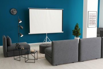 Interior of modern room with home cinema