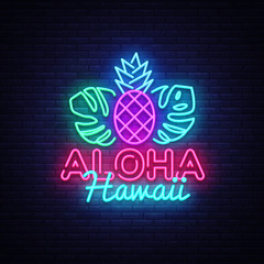 Aloha neon sign vector. Aloha Hawaii Design template neon sign, summer light banner, neon signboard, nightly bright advertising, light inscription. Vector Illustration © Ivan