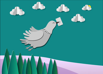 Valentines day card. Abstract background with happy girl flying on umbrella with swans and blue sky. Vector illustration. Paper cut and craft