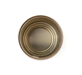 Empty aluminum can on white background, top view. Metal waste recycling