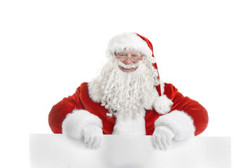 Authentic Santa Claus with blank poster on white background