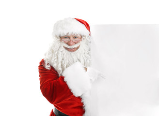 Fototapeta na wymiar Authentic Santa Claus with blank poster on white background