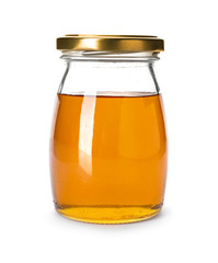Jar with delicious honey on white background