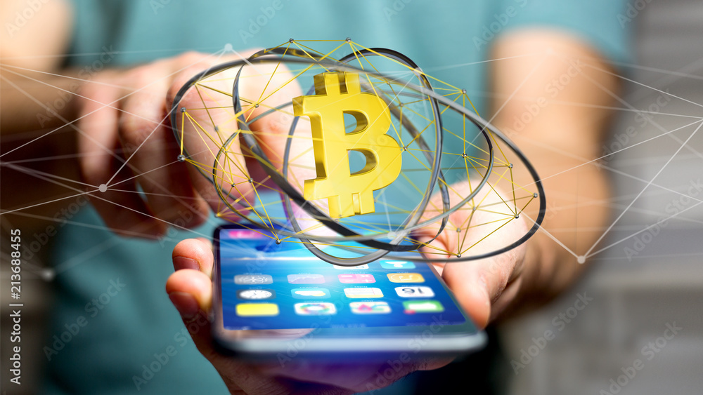 Poster businessman using a smartphone with a bitcoin crypto currency sign flying around a network connectio
