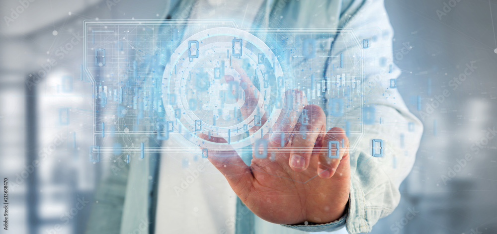 Poster man holding a technology bitcoin icon on a circle 3d rendering