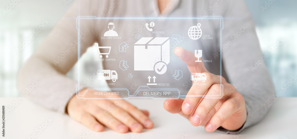 Poster businessman holding a logistic delivery application screen 3d rendering