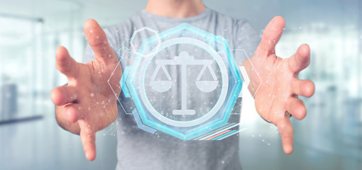 Man holding a Technology justice icon on a circle 3d rendering