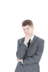 Pensive man props head with hand, isolated on white