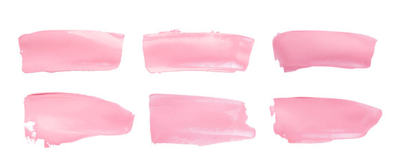 Vector pink paint smear stroke stain set. Abstract pink glittering textured art illustration. Acrylic Texture Paint Stain Illustration. Hand drawn brush strokes vector elements. Acrilyc strokes.