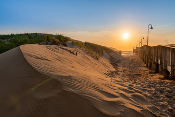 Dunes and the Sandbridge Fishing Pier in Sandbridge Virginia, Virginia Beach during a sunrise. ...