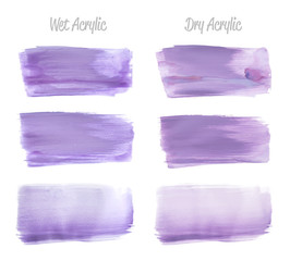 Vector violet paint smear stroke stain set. Abstract wet and dry acrylic textured art illustration. Acrylic Texture Paint Stain Illustration. Hand drawn brush strokes vector elements. Acrilyc strokes.