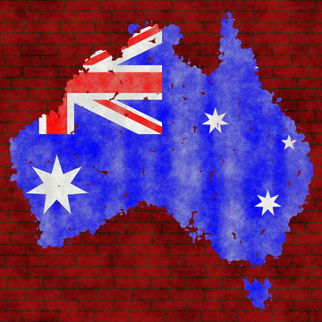 Illustration of an Australia´s flag with a contour of its borders on the brick wall