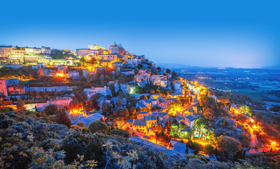 Gordes, Provence, France. Fantastic night panoramic view on Picturesque medieval town Gordes in Provence-Alpes-Côte d'Azur region,  commune Vaucluse. National park Luberon.